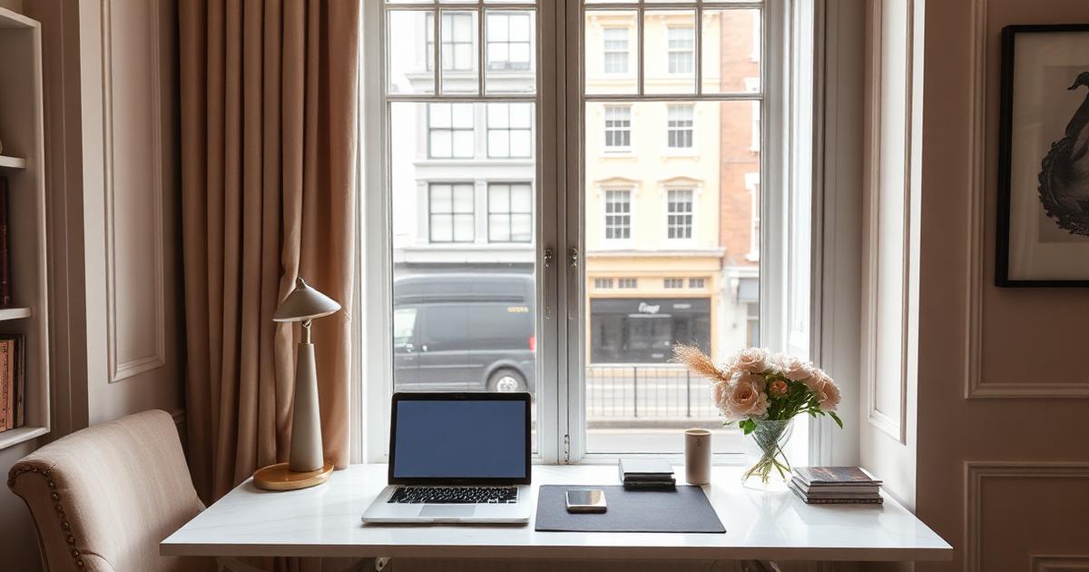 Desk and workspace by a Georgian window in a London serviced apartment