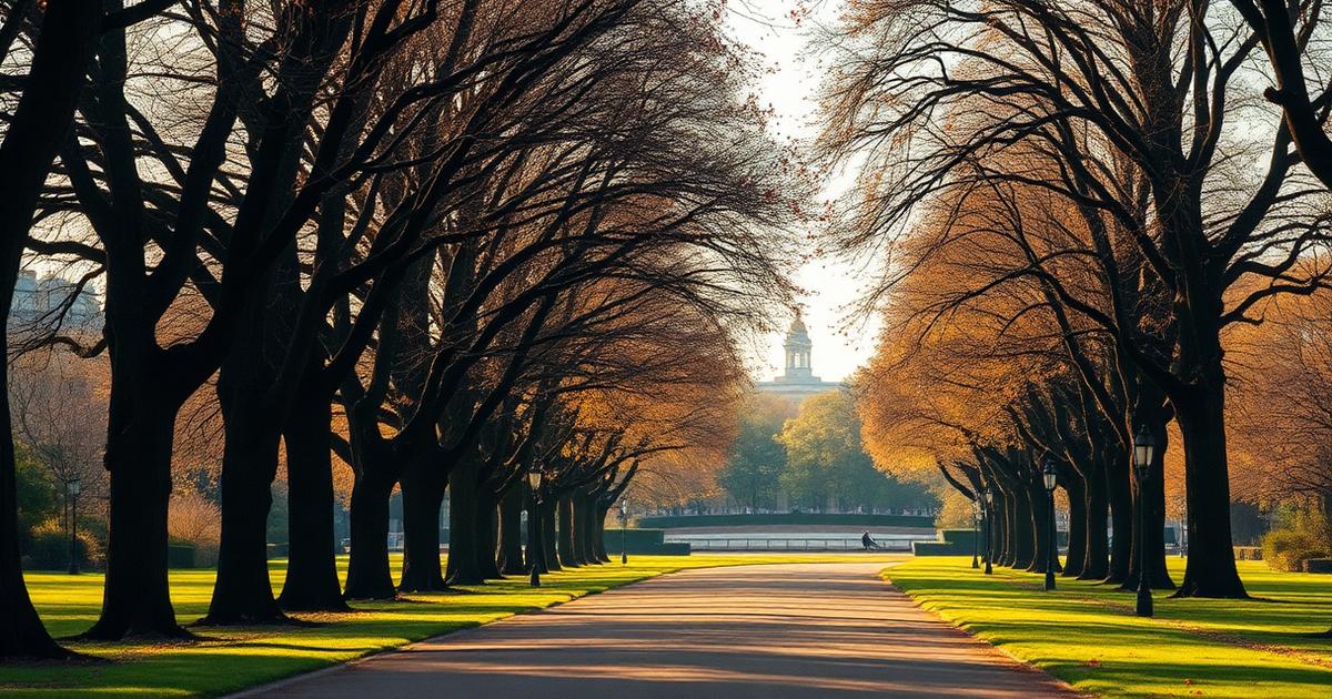 Tree-lined avenue in Hyde Park, London, in autumn light