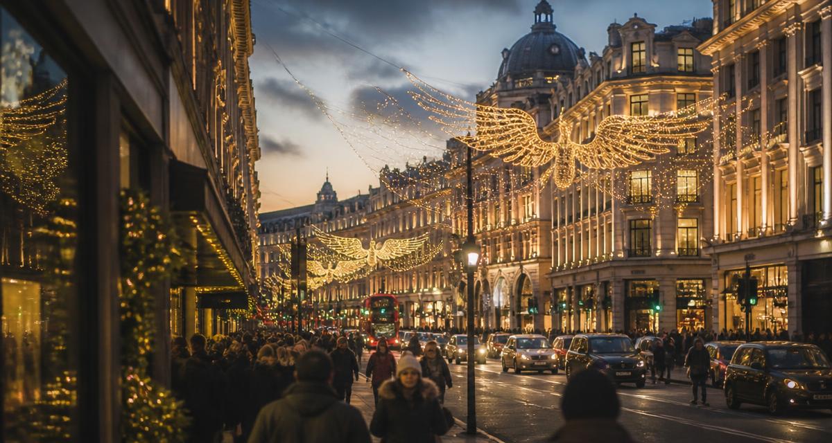 Christmas lights above a busy central London shopping street at dusk